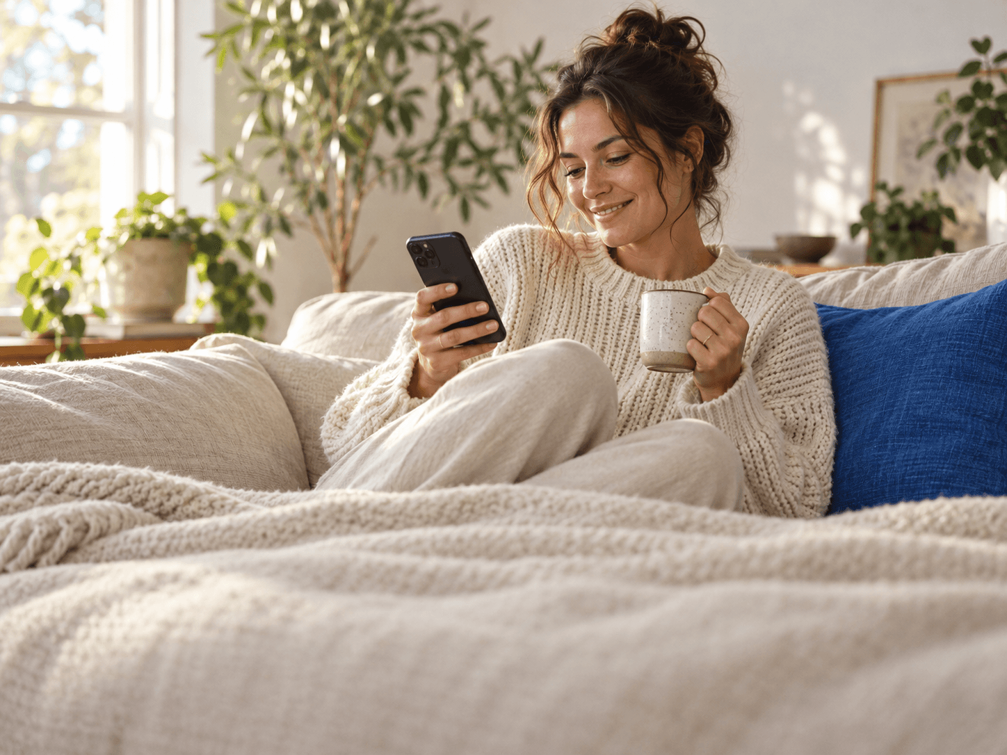 A woman smiling at her phone at home